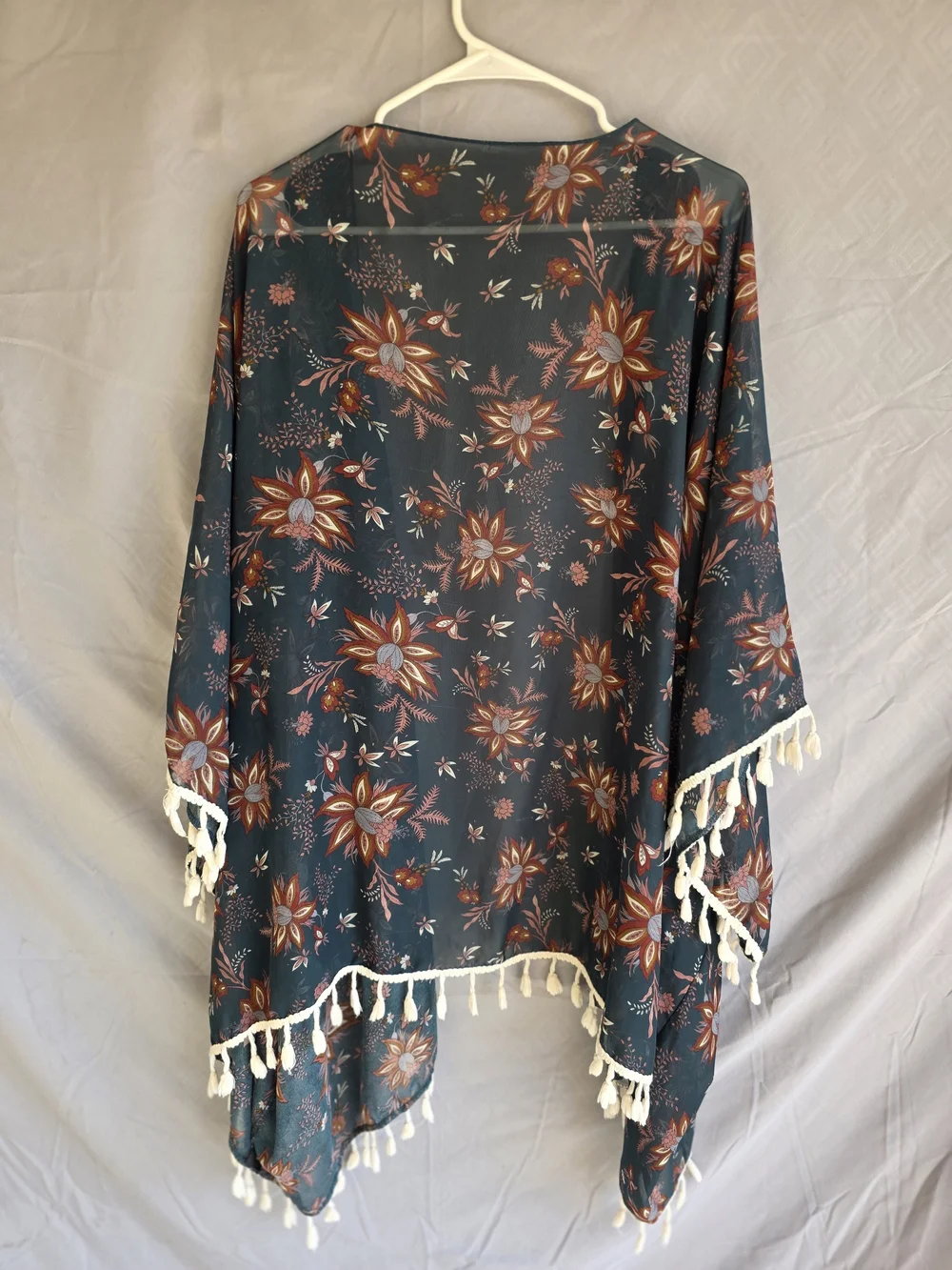 SHEIN 3X Dark Teal Floral Tassel Fringe Boho Kimono